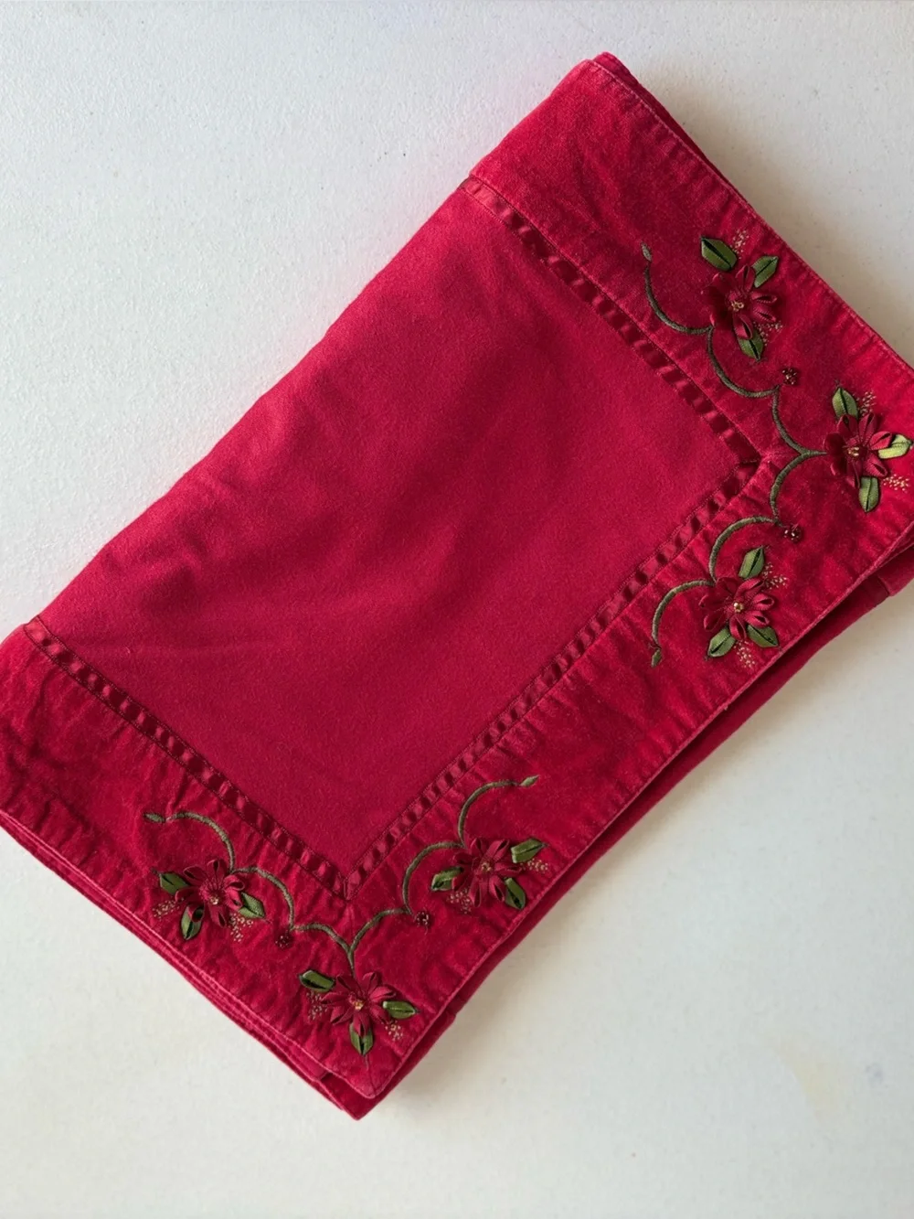 Vintage Red Table Runner Christmas Poinsettia Embroidered & Beaded 13” x 66”